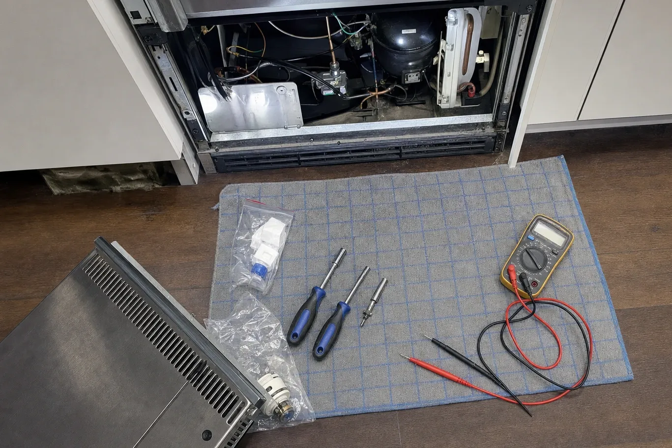 Looking down into the open compressor bay under a built-in refrigerator with the lower grille propped on the floor, bagged spare parts and a multimeter laid out on a mat