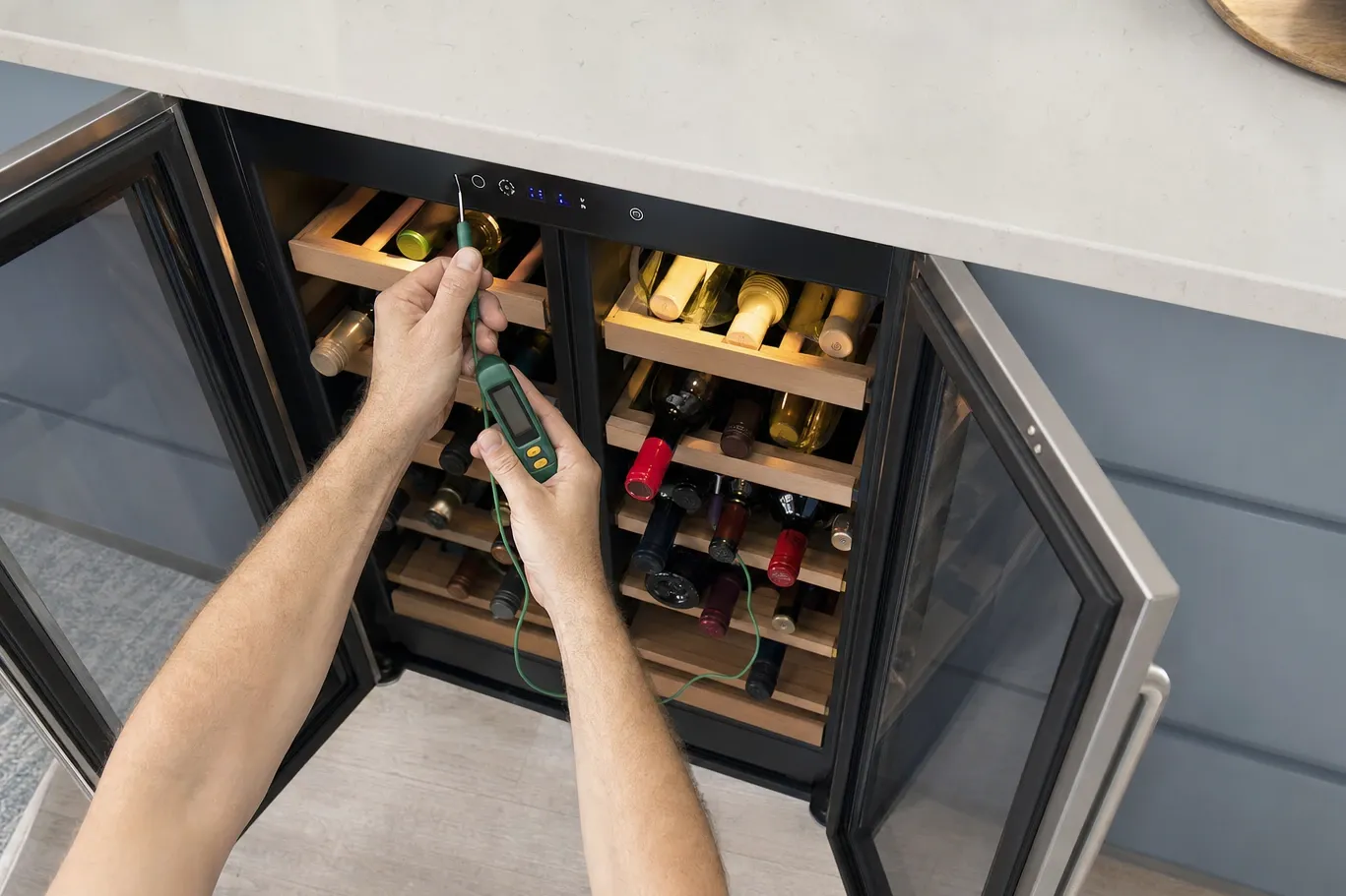 A digital probe thermometer held with its tip against a bottle on the top rack of a two-door undercounter wine cabinet, both glass doors open