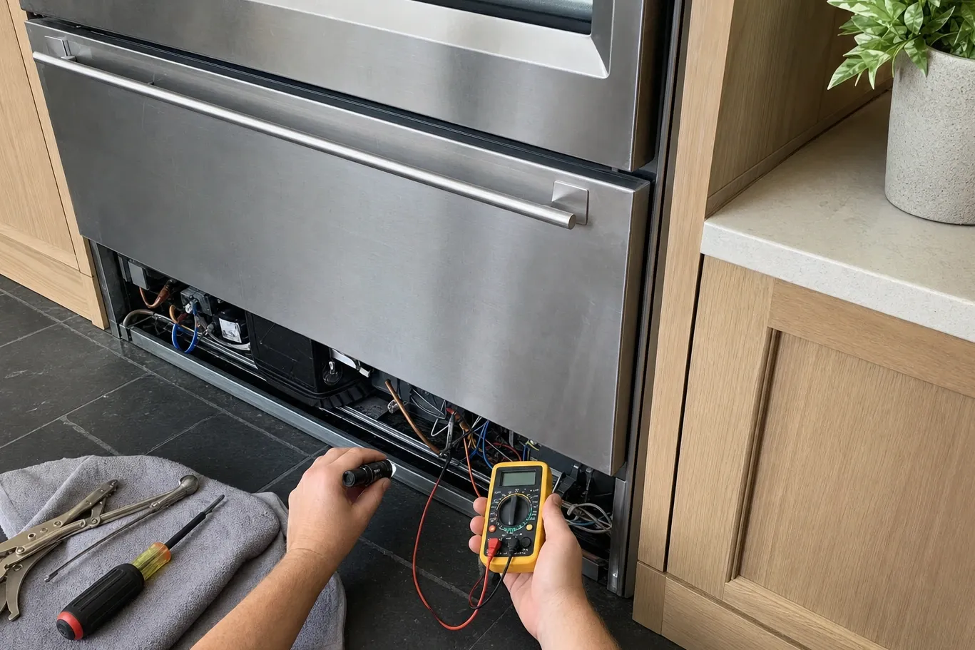 Hands holding a flashlight and a multimeter at the open base of a stainless undercounter refrigeration cabinet with drawer fronts, the lower grille removed