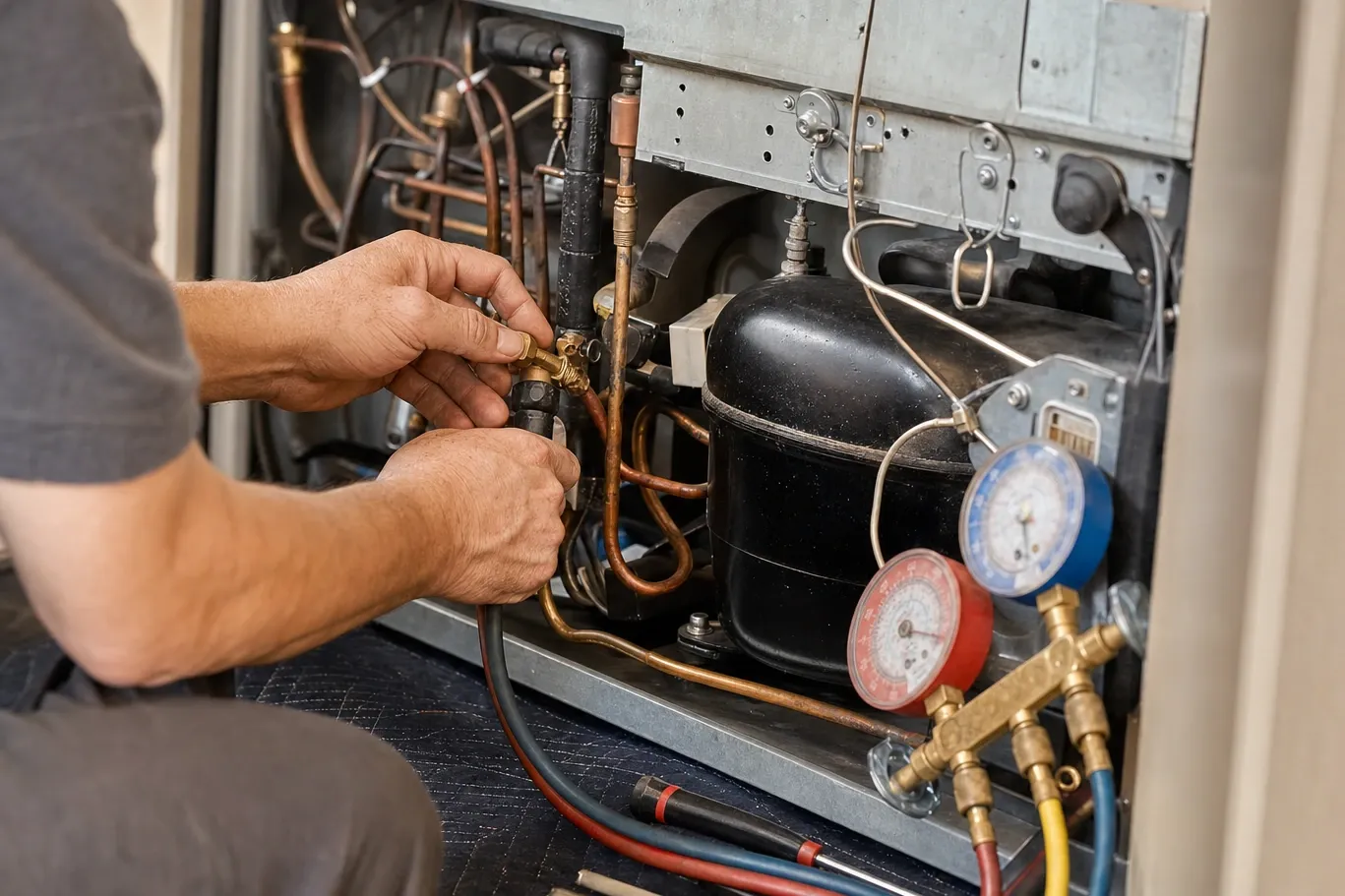Hands fitting a charging hose to the brass service valve on the copper line beside a refrigerator compressor, a manifold gauge set resting on the floor