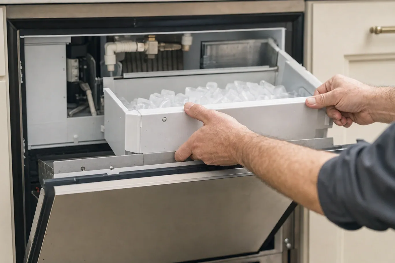 Hands drawing a full ice storage bin out of an undercounter ice machine, the ice module, fill fittings and evaporator plate visible in the bay behind it